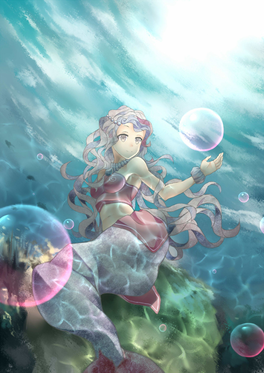 1girl, bubble, bubbles_(clow_card), cardcaptor_sakura, cheese_kang, clow_card, highres, long_hair, mermaid, monster_girl, purple_hair, sitting, solo, underwater, violet_eyes, water