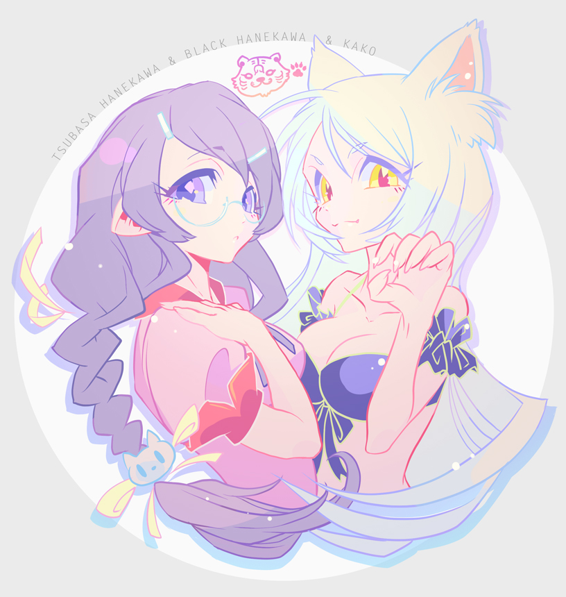 2girls, animal_ears, bakemonogatari, black_hair, black_hanekawa, bra, braid, breasts