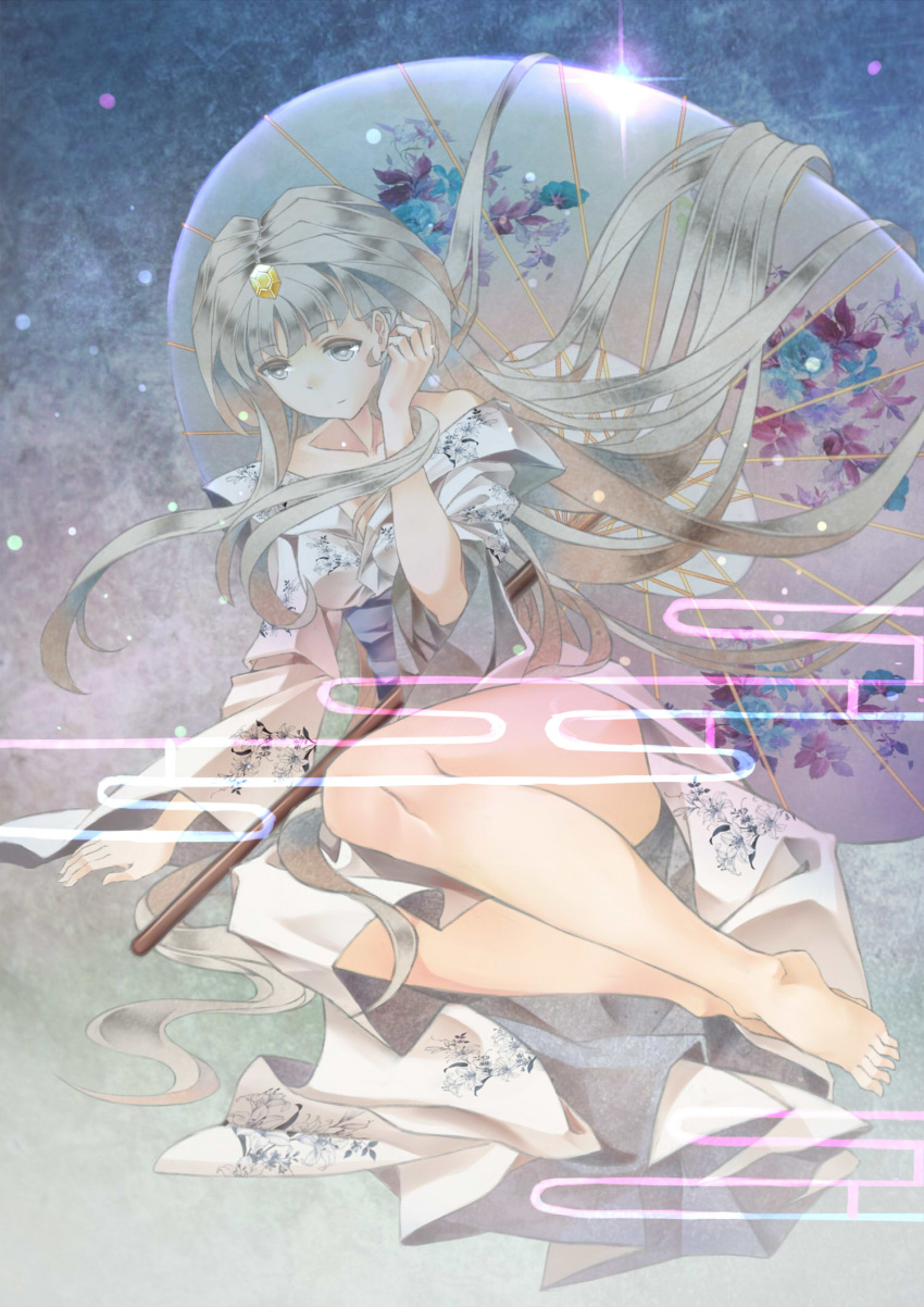 1girl, barefoot, cardcaptor_sakura, cheese_kang, clow_card, highres, long_hair, oriental_umbrella, sitting, snow_(clow_card), solo, umbrella, very_long_hair, white_eyes, white_hair