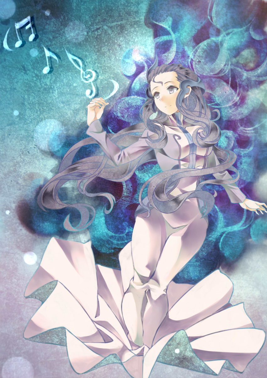 1girl, cardcaptor_sakura, cheese_kang, clow_card, highres, long_hair, musical_note, purple_hair, solo, song_(clow_card), very_long_hair, violet_eyes