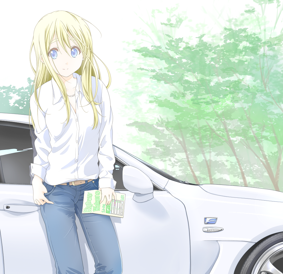 1girl, belt, blonde_hair, blue_eyes, car, denim, dress_shirt, dresstrip