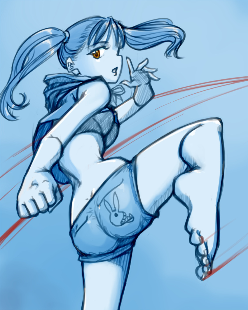 1girl, alternate_costume, bare_legs, barefoot, bunny_print, casual, denim, denim_shorts