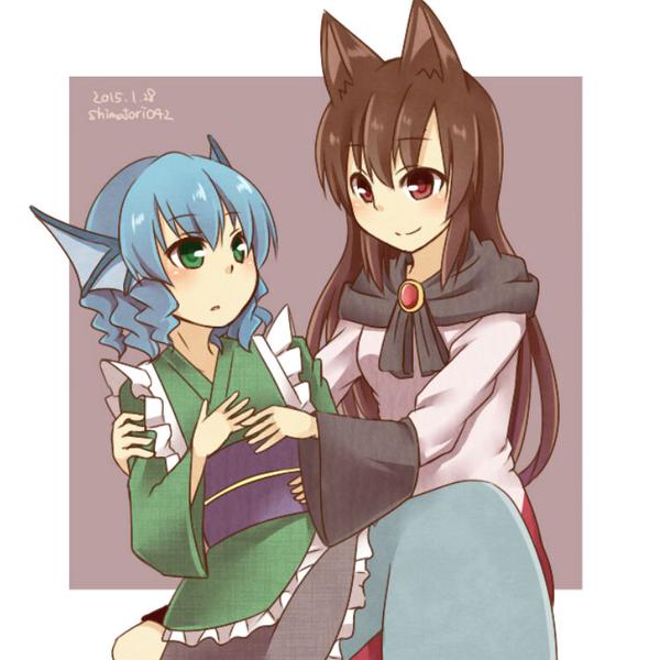 2girls, animal_ears, blue_eyes, blue_hair, dress, frilled_kimono, frills, head_fins