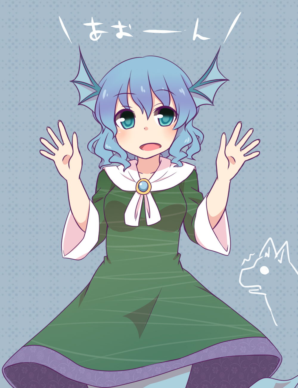 1girl, adapted_costume, blue_eyes, blue_hair, dress, head_fins, highres, imaizumi_kagerou