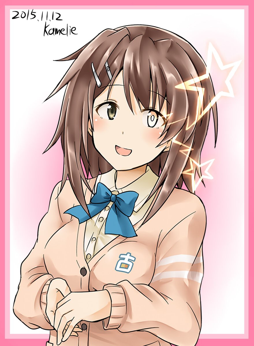 1girl, brown_hair, cardigan, cosplay, furutaka_(kantai_collection), hair_ornament, hairclip, highres