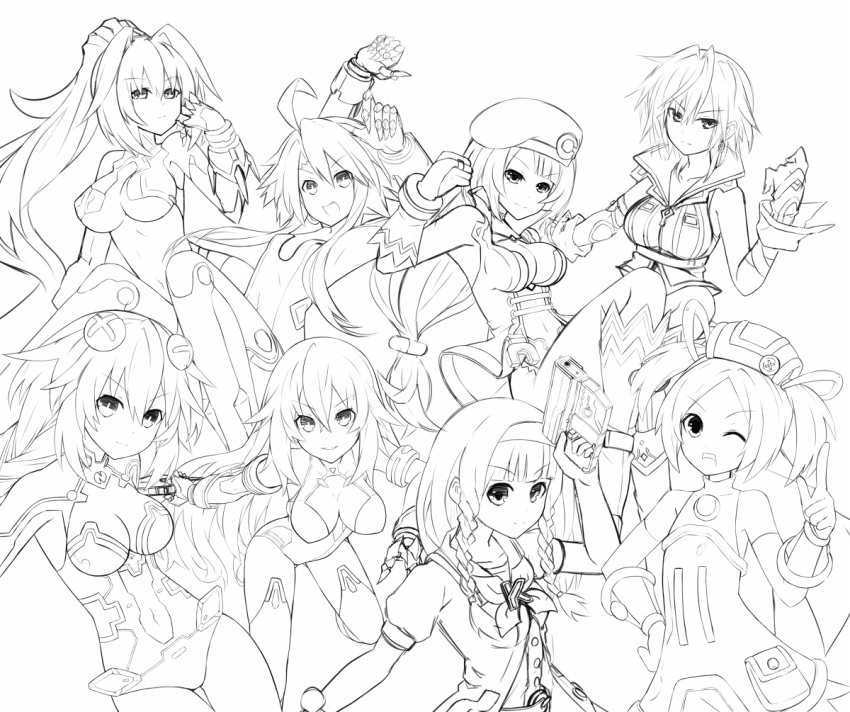 ahoge, b-sha, bare_shoulders, black_heart, blanc, breasts, c-sha, cleavage