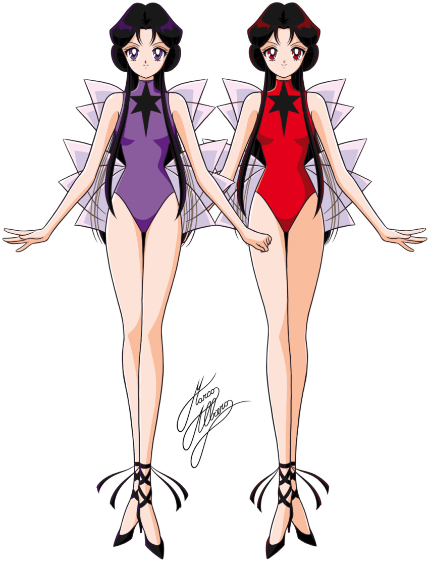 2girls, bishoujo_senshi_sailor_moon, black_hair, black_shoes, deimos_(sailor_moon), highres, leotard, long_hair
