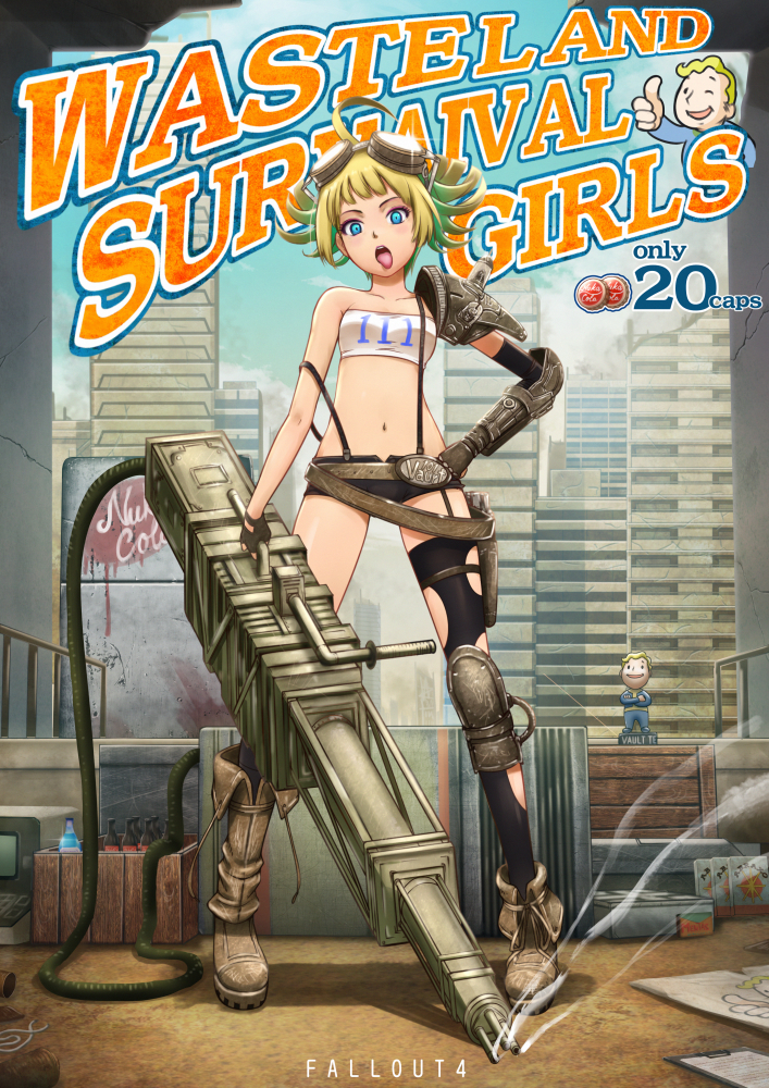 1girl, :p, ahoge, belt, belt_buckle, black_legwear, blonde_hair, blue_eyes, blue_hair, bobblehead, boots, clothes_writing, copyright_name, elbow_gloves, english, fallout, fallout_4, fingerless_gloves, gloves, goggles, goggles_on_head, gradient_hair, gun, interlaken, knee_pads, midriff, multicolored_hair, navel, nuka_cola, nuka_cola_quantum, ranguage, short_hair, short_shorts, shorts, single_thighhigh, solo, strapless, suspenders, thigh-highs, tongue, tongue_out, torn_clothes, torn_thighhighs, tubetop, vault_boy, weapon