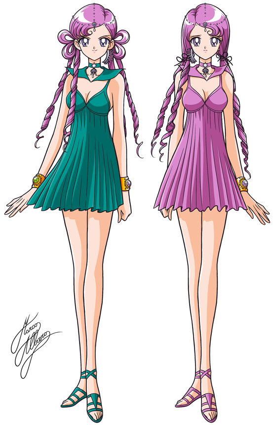 2girls, bishoujo_senshi_sailor_moon, bracelet, choker, drill_hair, green_shoes, green_skirt, jewelry, long_hair, magical_girl, marco_albiero, multiple_girls, pink_hair, pink_shoes, pink_skirt, quad_tails, sailor_collar, sailor_lethe, sailor_mnemosyne, sandals, shoes, siblings, signature, sisters, skirt, smile, standing, twins, violet_eyes, white_background