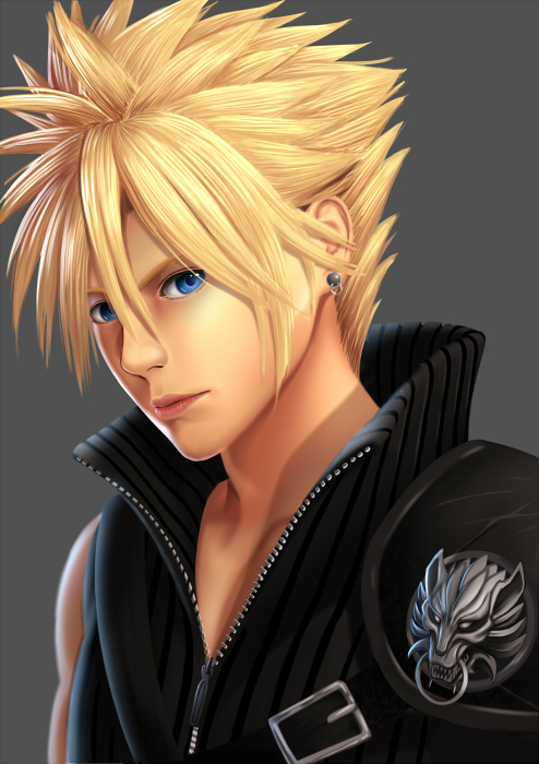 1boy, blonde_hair, blue_eyes, cloud_strife, earrings, final_fantasy, final_fantasy_vii, itoguchi_(manma_melon), jewelry, male_focus, solo, spiky_hair
