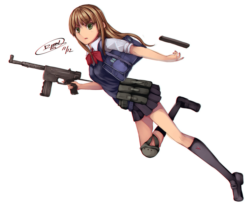 1girl, brown_hair, dreadtie, green_eyes, gun, highres, long_hair, mat-49, original, school_uniform, simple_background, solo, submachine_gun, weapon
