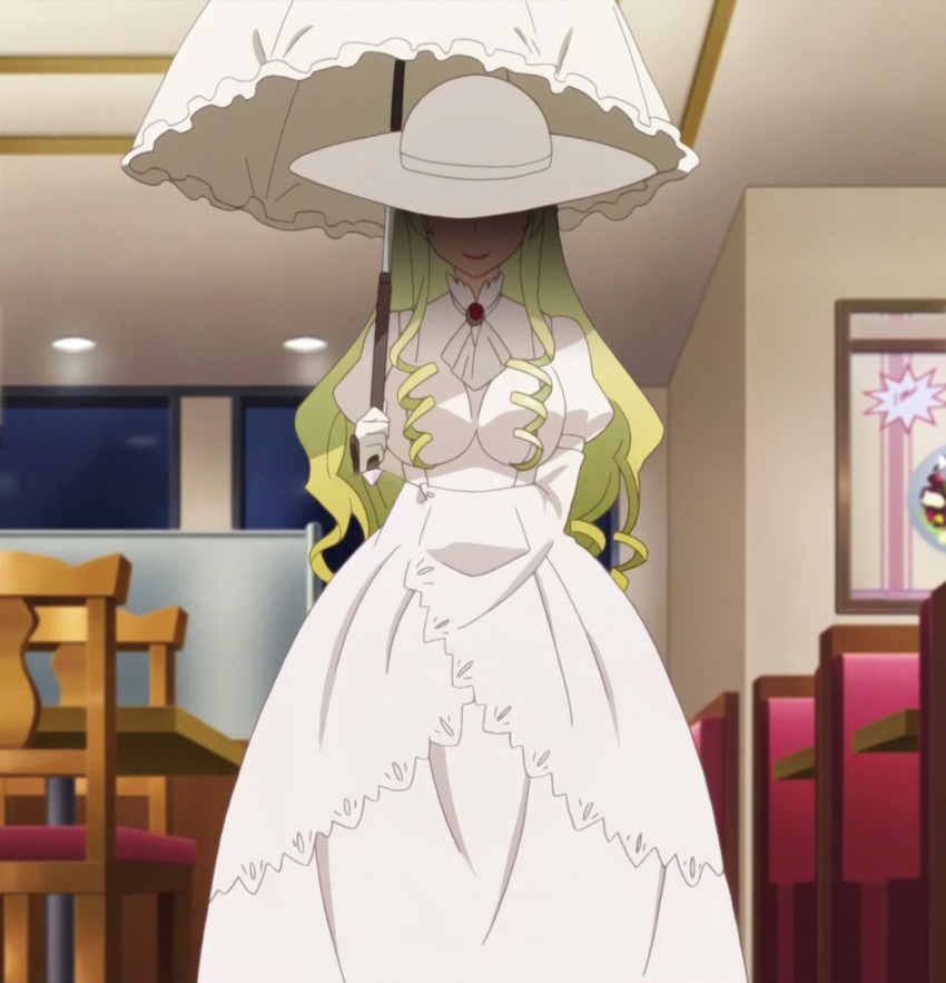 1girl, blonde_hair, curly_hair, hat, highres, long_skirt, rakudai_kishi_no_cavalry, screencap, skirt, totokubara_kanata, umbrella
