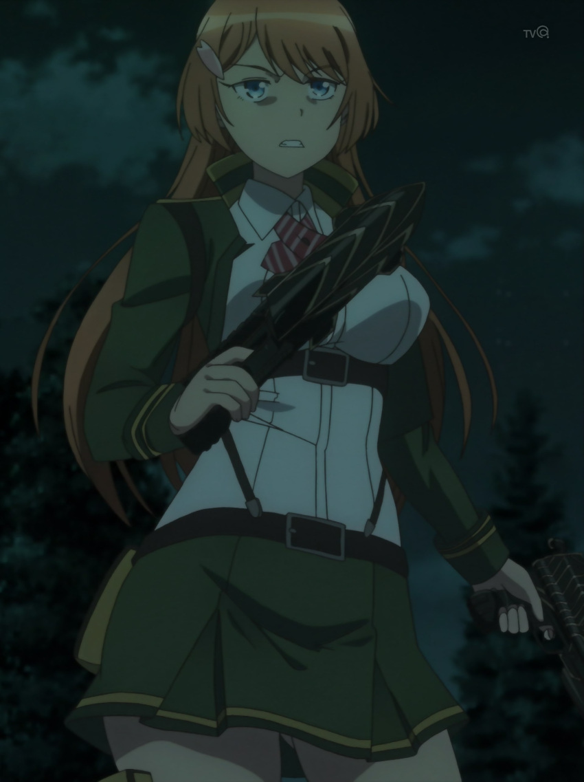 1girl, absurdres, blue_eyes, gun, highres, long_hair, ootori_ouka, orange_hair