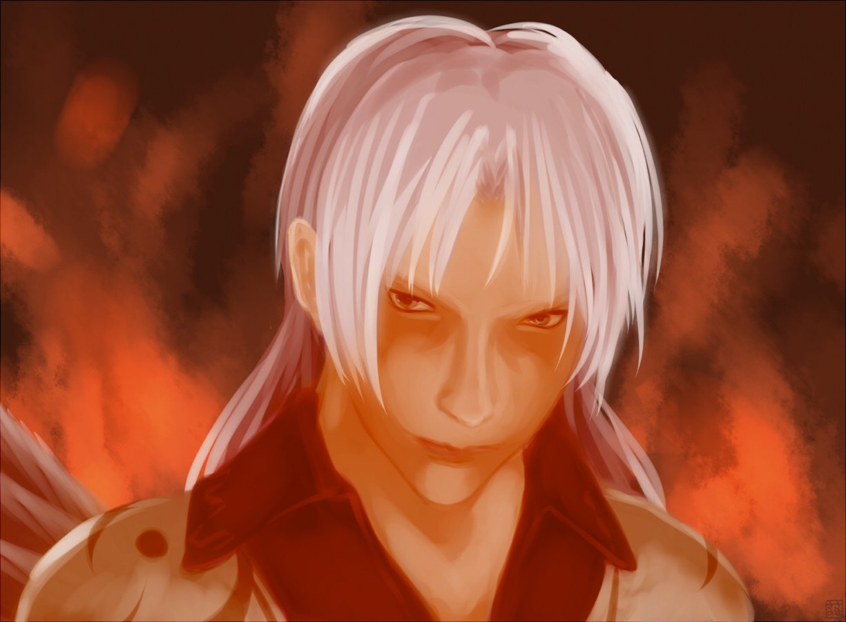 1boy, dress, final_fantasy, final_fantasy_vii, fire, jacket, kishin_sagume, kishin_sagume_(cosplay), long_hair, parody, purple_dress, red_eyes, sasa_no_ha, sephiroth, silver_hair, single_wing, solo, touhou, wings