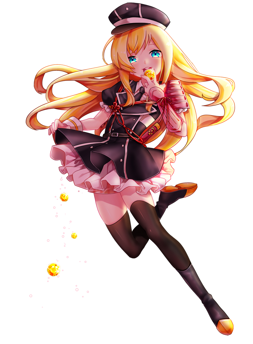 1boy, armor, black_legwear, blonde_hair, blue_eyes, crossdressinging, dress, hat