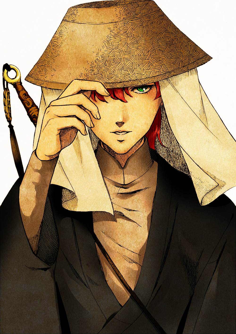 1girl, green_eyes, hat_tip, highres, juuni_kokuki, kuryo_the_4191, looking_at_viewer, nakajima_youko