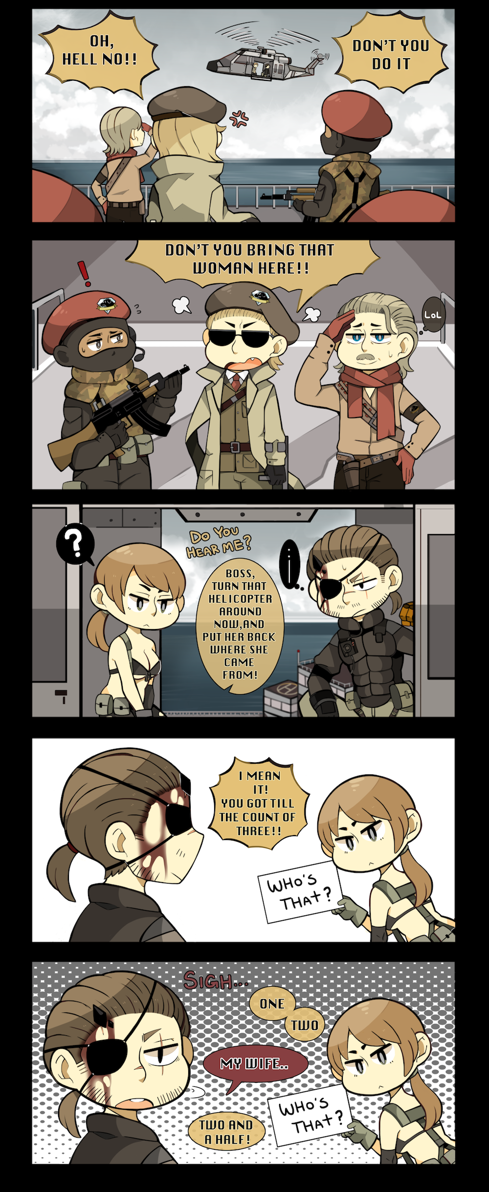!, >:<, 1girl, 4boys, 5koma, ?, absurdres, ak-47, angry, assault_rifle, blood, blood_on_face, character_request, comic, commentary, english, frown, gun, heavywoodenbox, helicopter, highres, kazuhira_miller, metal_gear_(series), metal_gear_solid_v, multiple_boys, pantyhose, quiet_(metal_gear), revolver_ocelot, rifle, sign, spoken_question_mark, tagme, torn_clothes, torn_pantyhose, venom_snake, weapon
