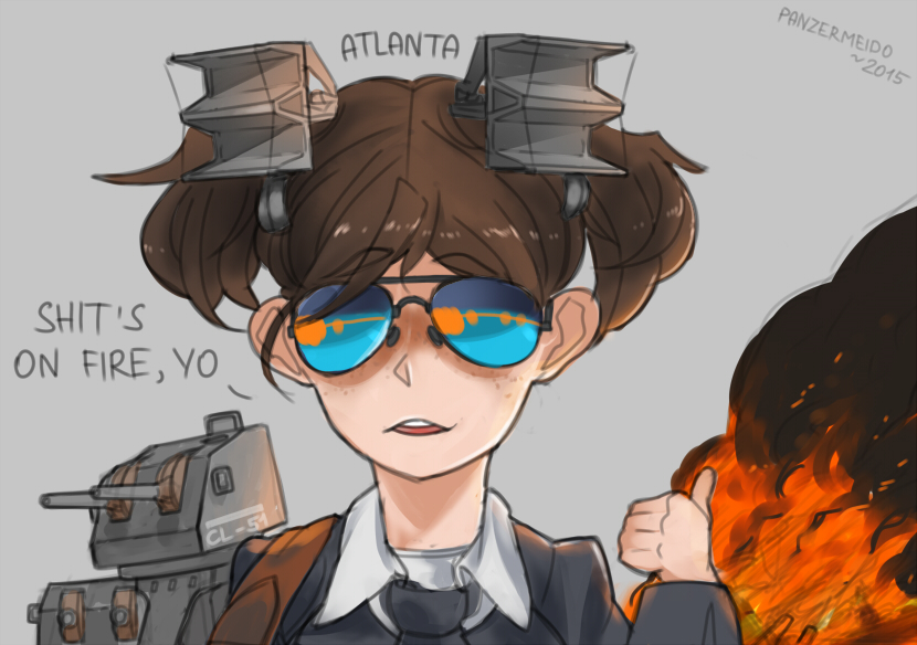 1girl, english, fire, kantai_collection, original, panzermeido, solo, sunglasses, tagme, turret, uss_atlanta_(cl-51), world_of_warships