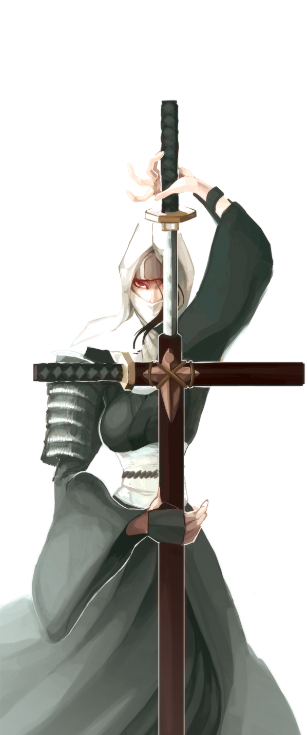 1girl, commentary, highres, indivisible, katana, lightning-seal, nun, red_eyes, solo, sword, toko_(indivisible), weapon