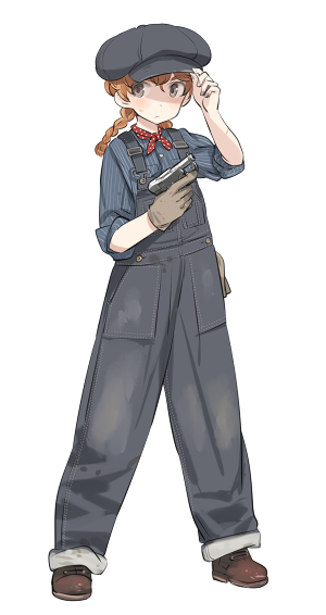 1girl, braid, brown_eyes, brown_hair, commentary_request, fp-45_liberator, gun, handgun, hat, looking_at_viewer, low_twintails, original, overalls, shimada_fumikane, simple_background, single_glove, solo, suspenders, twin_braids, twintails, weapon, white_background
