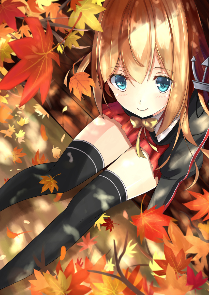 1girl, absurdres, anchor_hair_ornament, autumn, autumn_leaves, blonde_hair, blue_eyes, hair_ornament, highres, lemon_tea_(15058751917), looking_at_viewer, microskirt, military, military_uniform, prinz_eugen_(kantai_collection), sitting, skirt, smile, solo, thigh-highs, uniform