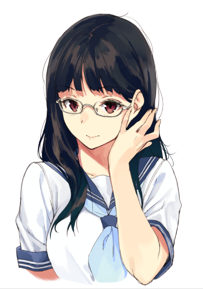 1girl, adjusting_glasses, black_hair, commentary_request, glasses, glasses_day, hair_tucking, original