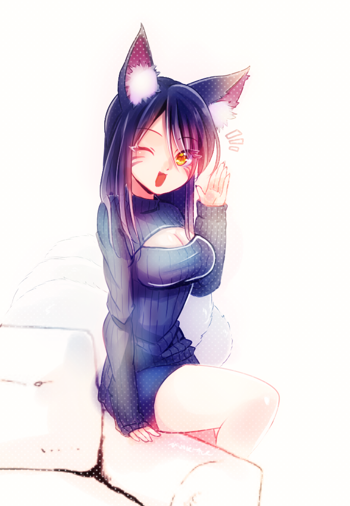 1girl, ;d, ahri, alternate_costume, animal_ears, bangs, black_hair, couch