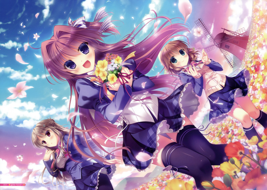 3girls, :d, absurdres, aqua_eyes, azuse_matsuri, black_legwear, blue_skirt, brown_eyes