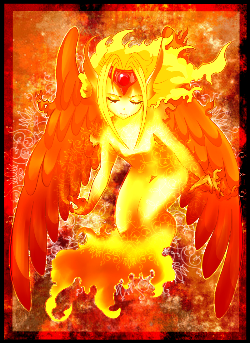1boy, 3_eda, blonde_hair, cardcaptor_sakura, closed_eyes, feathered_wings, fire, firey_(clow_card)