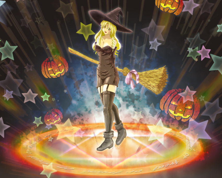 1girl, ankle_boots, arms_behind_back, bare_shoulders, black_boots, black_dress, black_gloves, black_hat