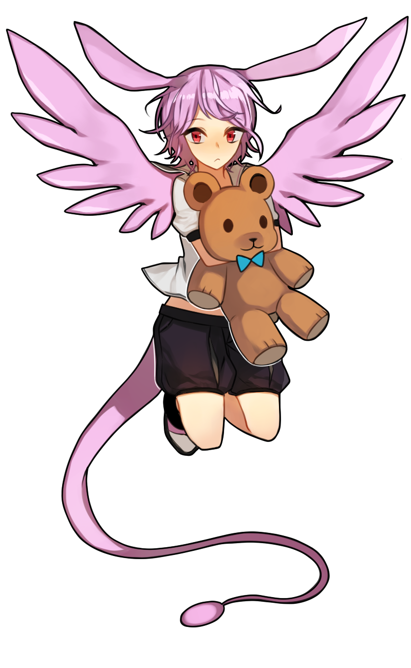 1boy, animal_ears, cardcaptor_sakura, highres, jump_(clow_card), purple_hair, rabbit_ears, red_eyes, simple_background, sisi:shishi, solo, stuffed_toy, tail, transparent_background, wings