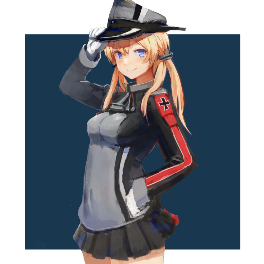 1girl, absurdres, anchor_hair_ornament, blonde_hair, blue_background, blue_eyes, breasts, cowboy_shot