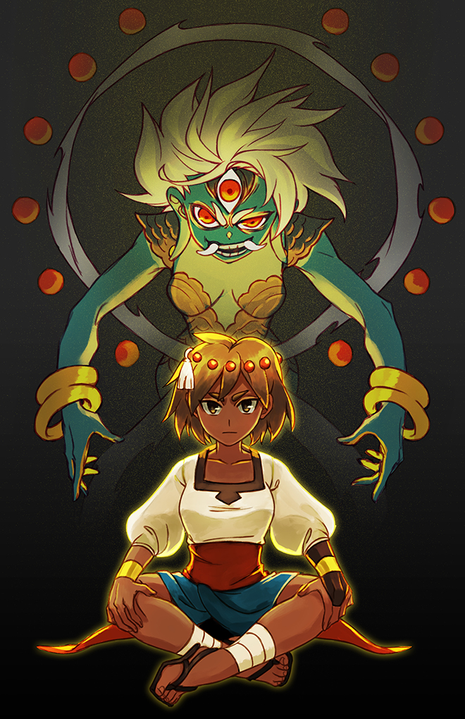 1girl, ajna_(indivisible), ankle_wraps, beads, bike_shorts, black_eyes, blouse, bracelet