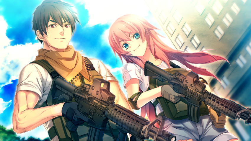 1boy, 1girl, black_hair, blue_eyes, game_cg, gun, holding_gun, holding_weapon, innocent_bullet, kanzaki_sayaka_(innocent_bullet), long_hair, nachi_yuuji, oosaki_shin'ya, outdoors, red_eyes, redhead, short, short_hair, smile, torn_clothes, weapon, weapon_request
