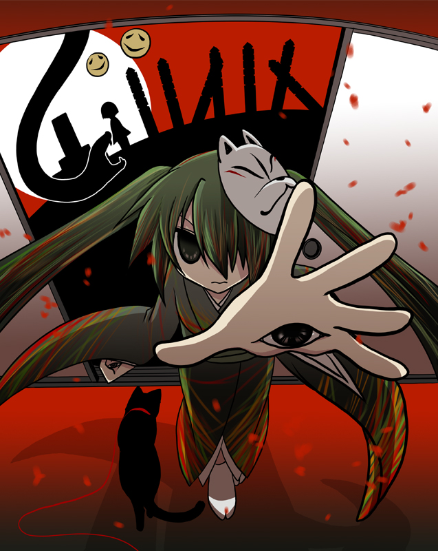cat, fox_mask, full_moon, ghost, grave, green_hair, hatsune_miku, japanese_clothes