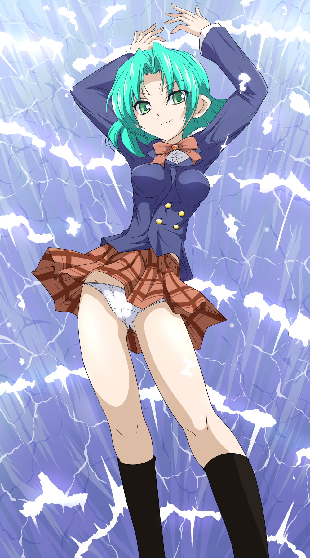 1girl, arms_up, black_legwear, blazer, bow, bow_panties, character_request, clam_curry