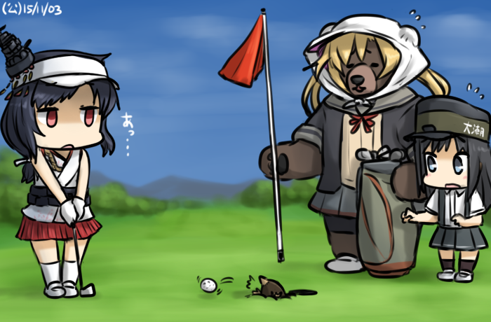 2girls, abukuma_(kantai_collection), asashio_(kantai_collection), ball, bear, dated, golf, golf_bag