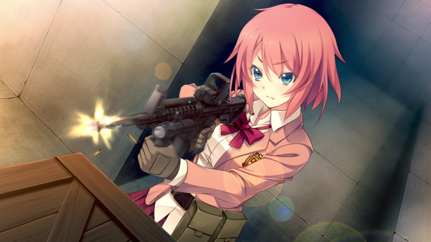 1girl, blue_eyes, firing, gloves, gun, holding_gun, holding_weapon, indoors