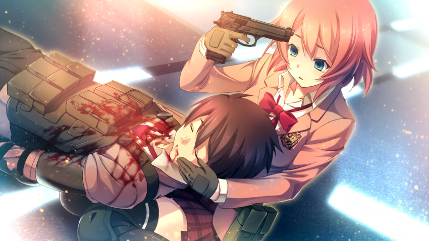 1boy, 1girl, black_hair, black_legwear, blood, blood_from_mouth, blue_eyes, brown_hair