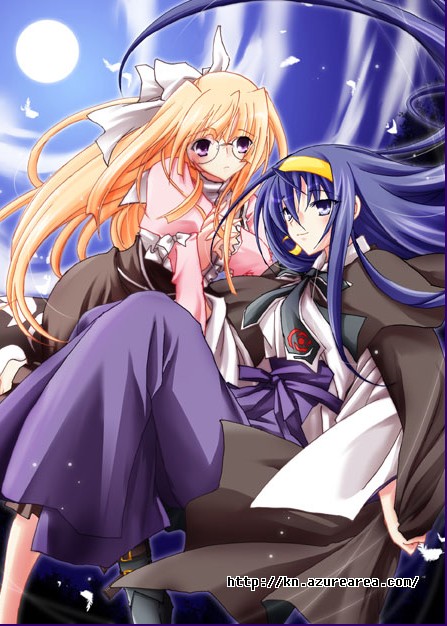 2girls, blonde_hair, bow, cape, feathers, floating, glasses, hair_between_eyes