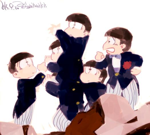 6+boys, alternate_costume, artist_name, black_hair, bowl_cut, bowtie, carrying, child