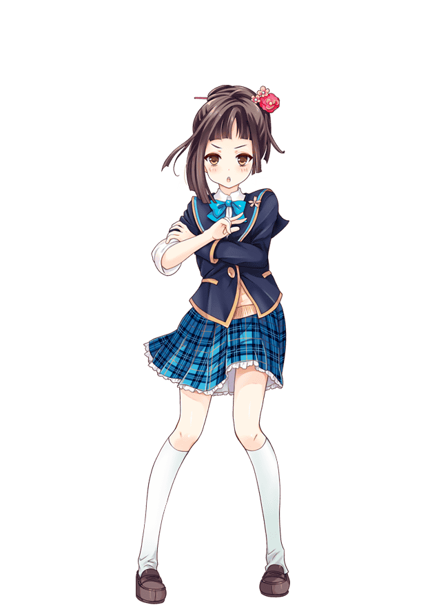 1girl, alternate_hairstyle, artist_request, bowtie, brown_eyes, brown_hair, flower, full_body, girlfriend_(kari), hair_flower, hair_ornament, isezaki_ikuho, official_art, plaid, plaid_skirt, pleated_skirt, qp:flapper, school_uniform, skirt, socks, solo, transparent_background