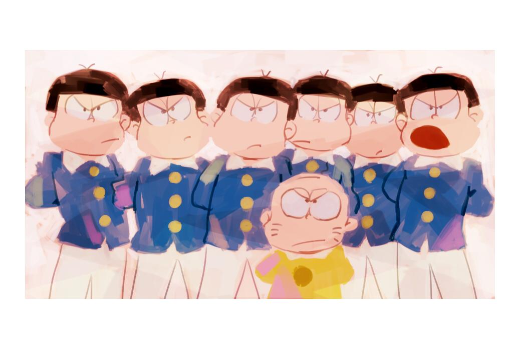 6+boys, angry, arms_behind_back, bald, black_hair, bowl_cut, brothers, chibita