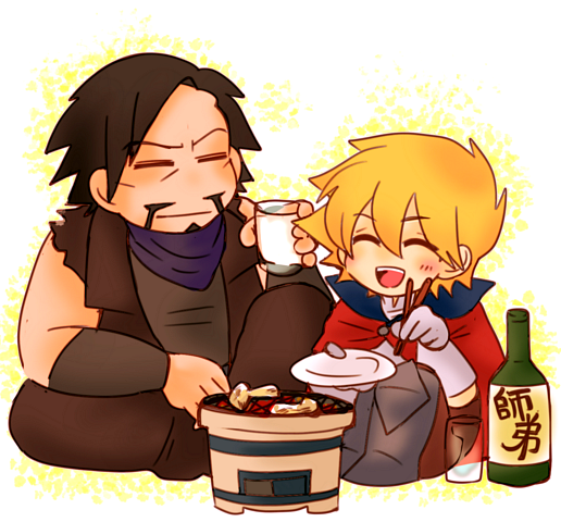 2boys, alfonso_san_valiante, bare_shoulders, beard, black_hair, blonde_hair, bottle, chibi