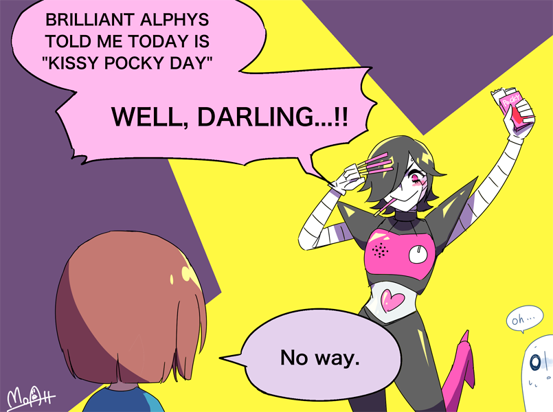 1boy, 2others, androgynous, android, black_hair, blush, boots, brown_hair, english, english_text, frisk_(undertale), ghost, hair_over_eyes, hato_moa, heart, high_heel_boots, high_heels, human, mettaton, mettaton_ex, napstablook, one_eye_covered, one_leg_raised, pink_eyes, pocky, pocky_day, robot, short_hair, signature, speech_bubble, spotlight, text, undertale