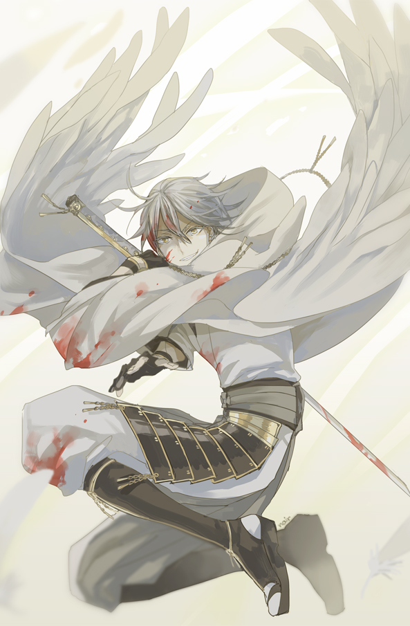 1boy, armor, black_gloves, blood, blood_on_face, bloody_clothes, gloves, grin