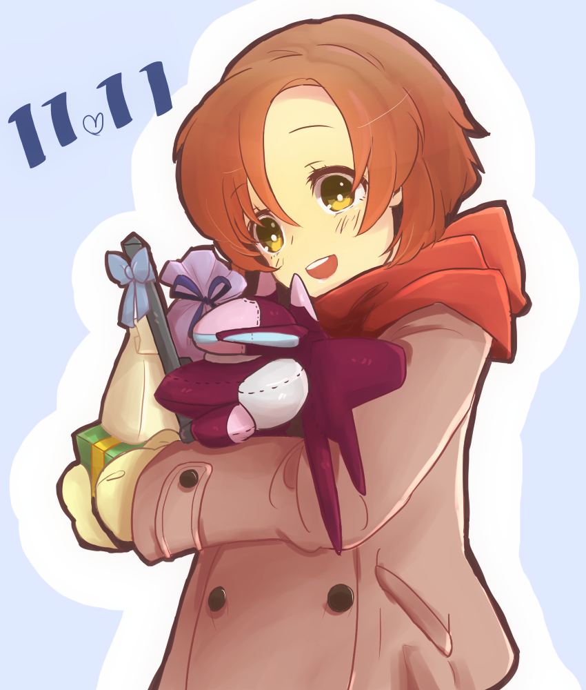 1girl, :d, birthday, blush, box, coat, dated, gift