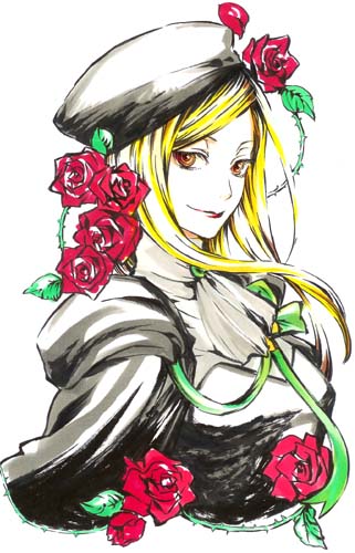 1girl, beret, blonde_hair, brown_eyes, cape, flower, hat, higurashi_no_naku_koro_ni