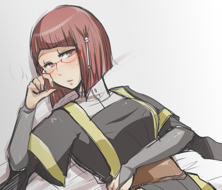 1girl, blush, fire_emblem, fire_emblem:_kakusei, glasses, lying, miriel_(fire_emblem), on_back