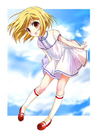 1girl, blonde_hair, blush, brown_eyes, child, clouds, dress, frills